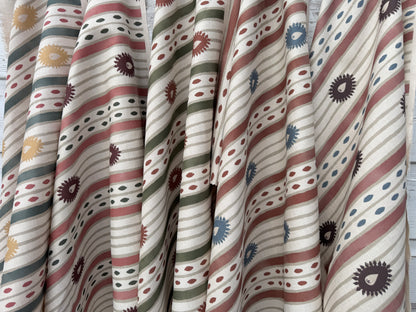 Field Flower Stripe linen cotton union fabric in Terracotta and Blue