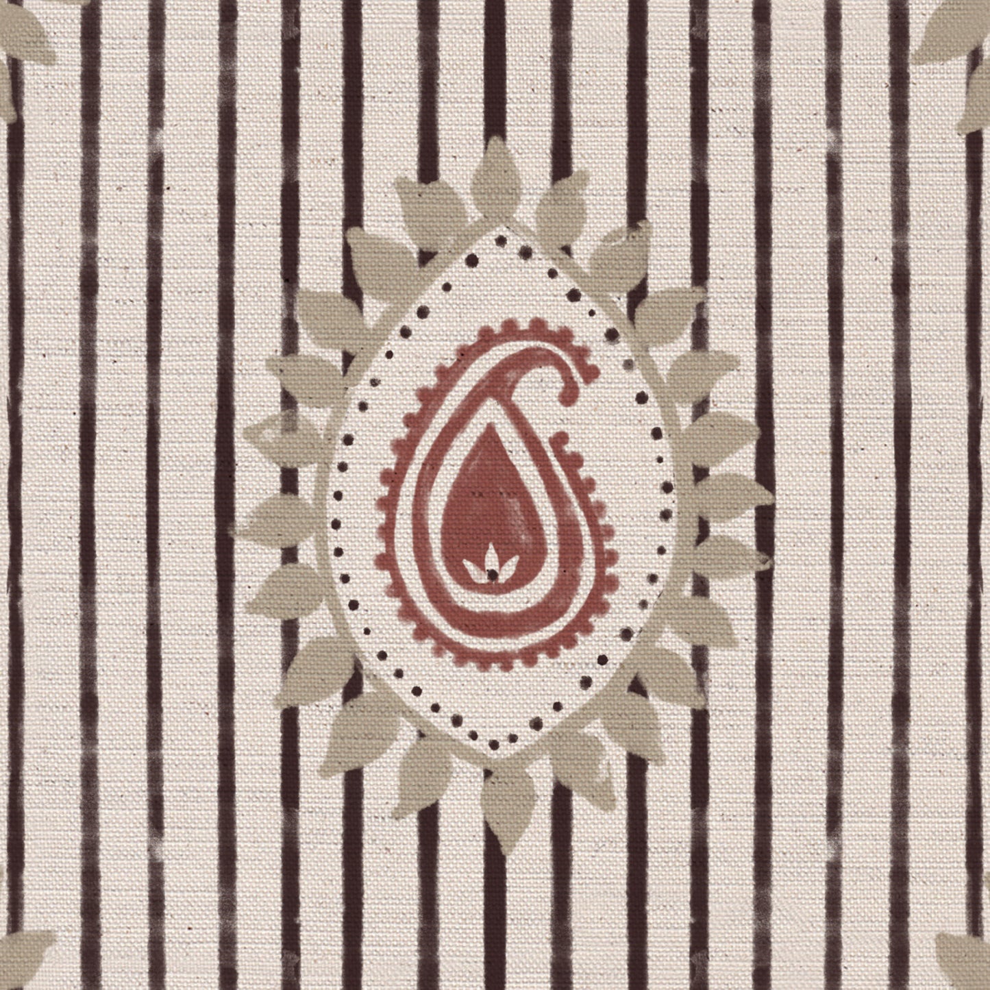 Field flower Paisley linen cotton union fabric in Pink and Aubergine
