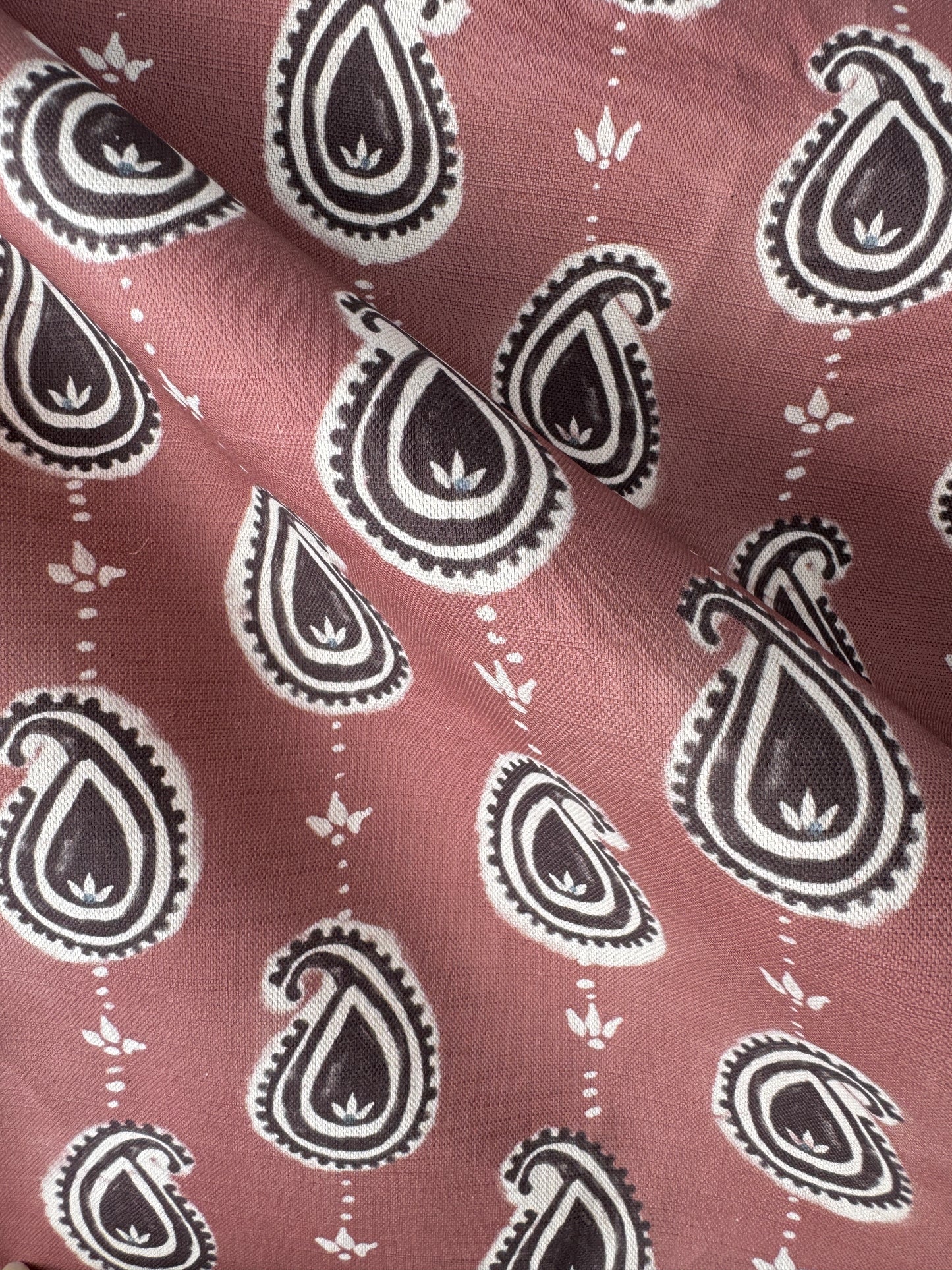 Paisley linen cotton union fabric in Pink and Aubergine