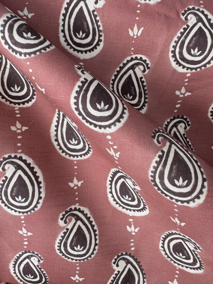 Paisley linen cotton union fabric in Pink and Aubergine