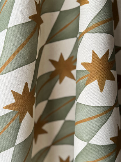 Starfall printed cotton, linen union fabric in Green