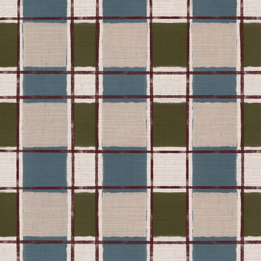 Artistic Check Upholstery Fabric in blue and olive green