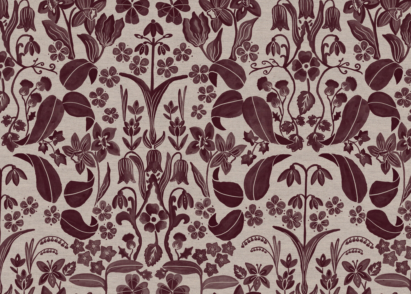 Glenwhisper Garden printed cotton, linen union fabric in Blackcurrant