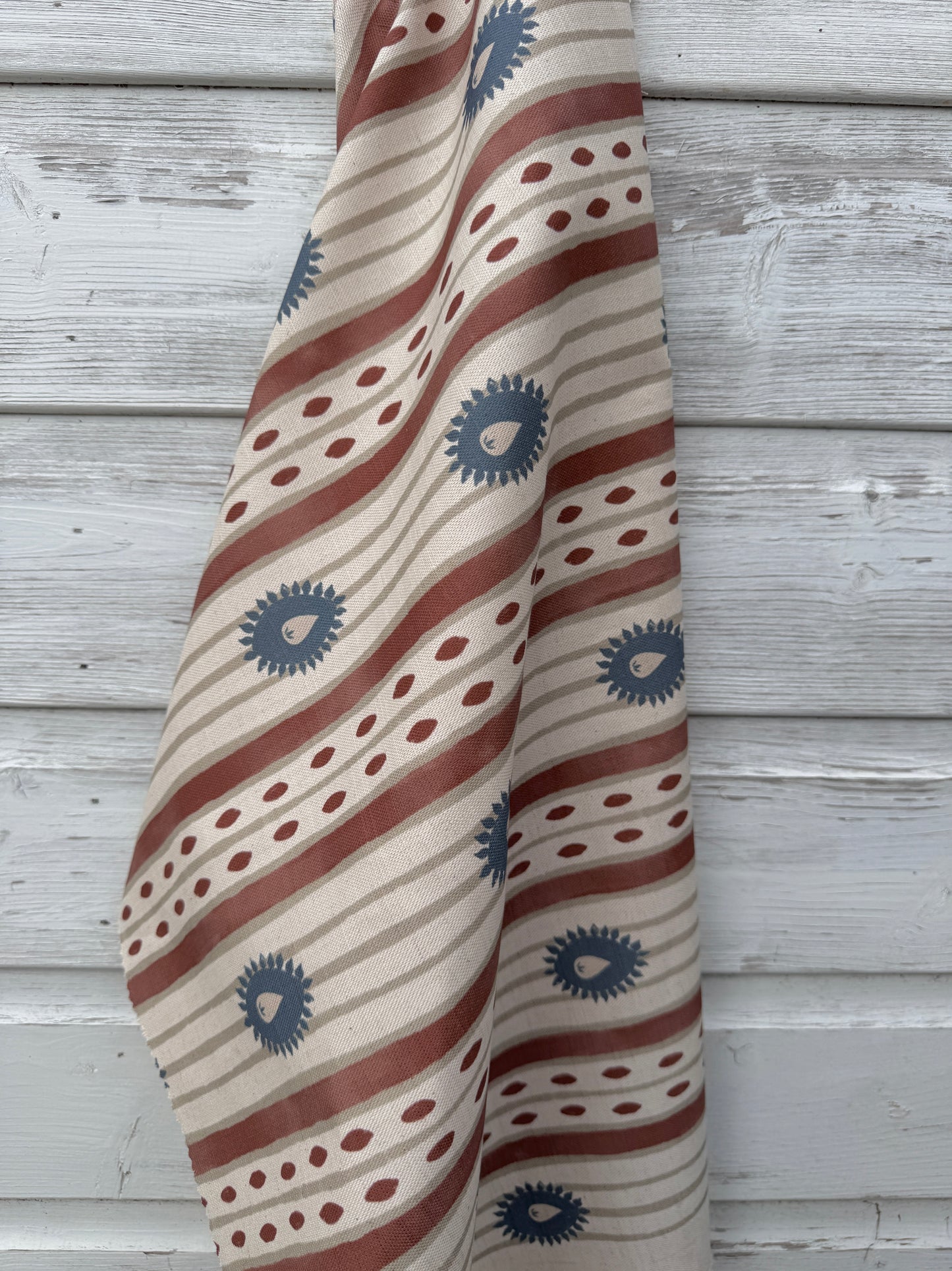 Field Flower Stripe linen cotton union fabric in Terracotta and Blue