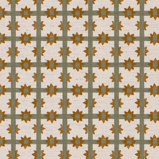 Starfall Check printed cotton, linen union fabric in Green