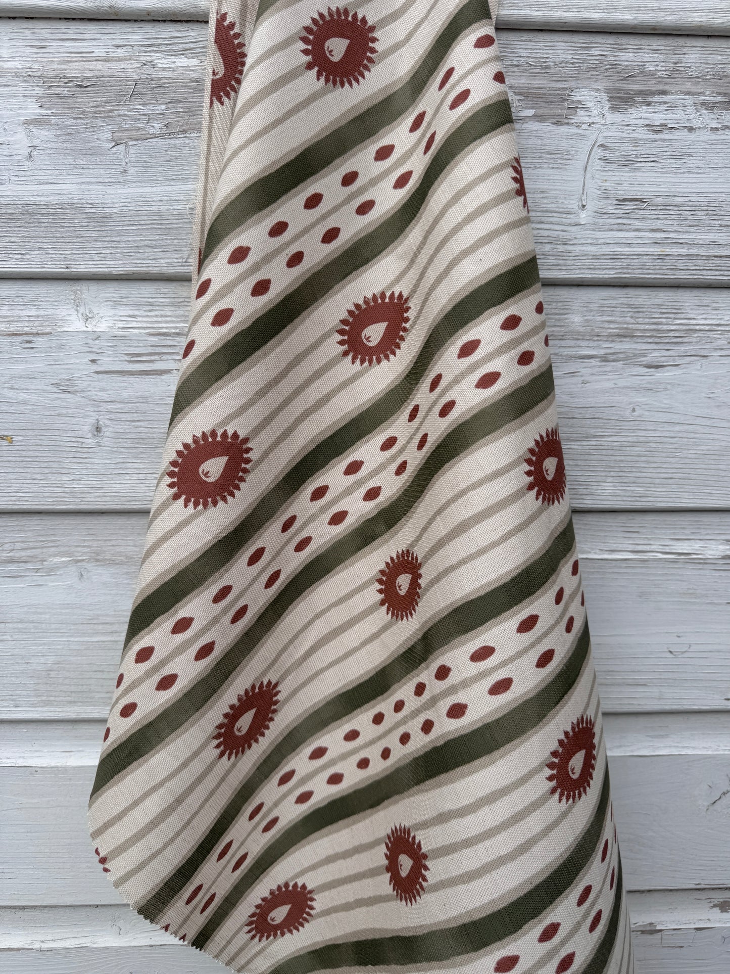 Field Flower Stripe linen cotton union fabric in Green and Terracotta