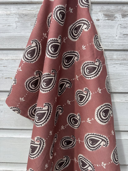 Paisley linen cotton union fabric in Pink and Aubergine
