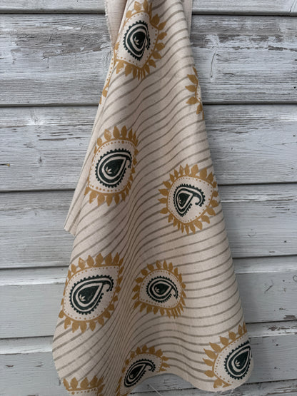 Field flower Paisley linen cotton union fabric in Sea Green and Yellow