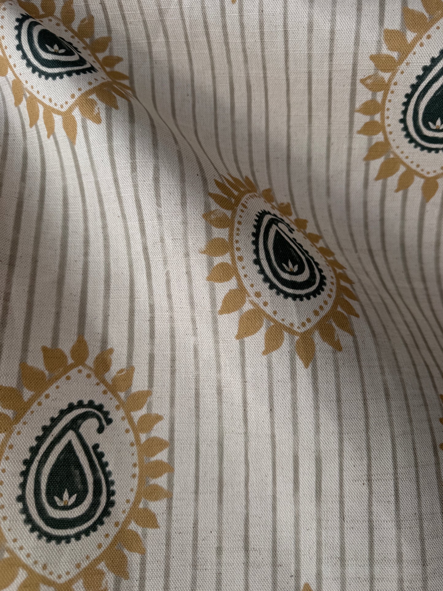 Field flower Paisley linen cotton union fabric in Sea Green and Yellow