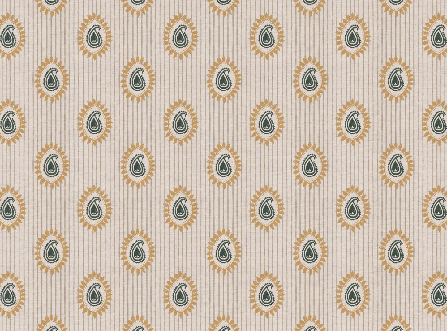 Field flower Paisley linen cotton union fabric in Sea Green and Yellow