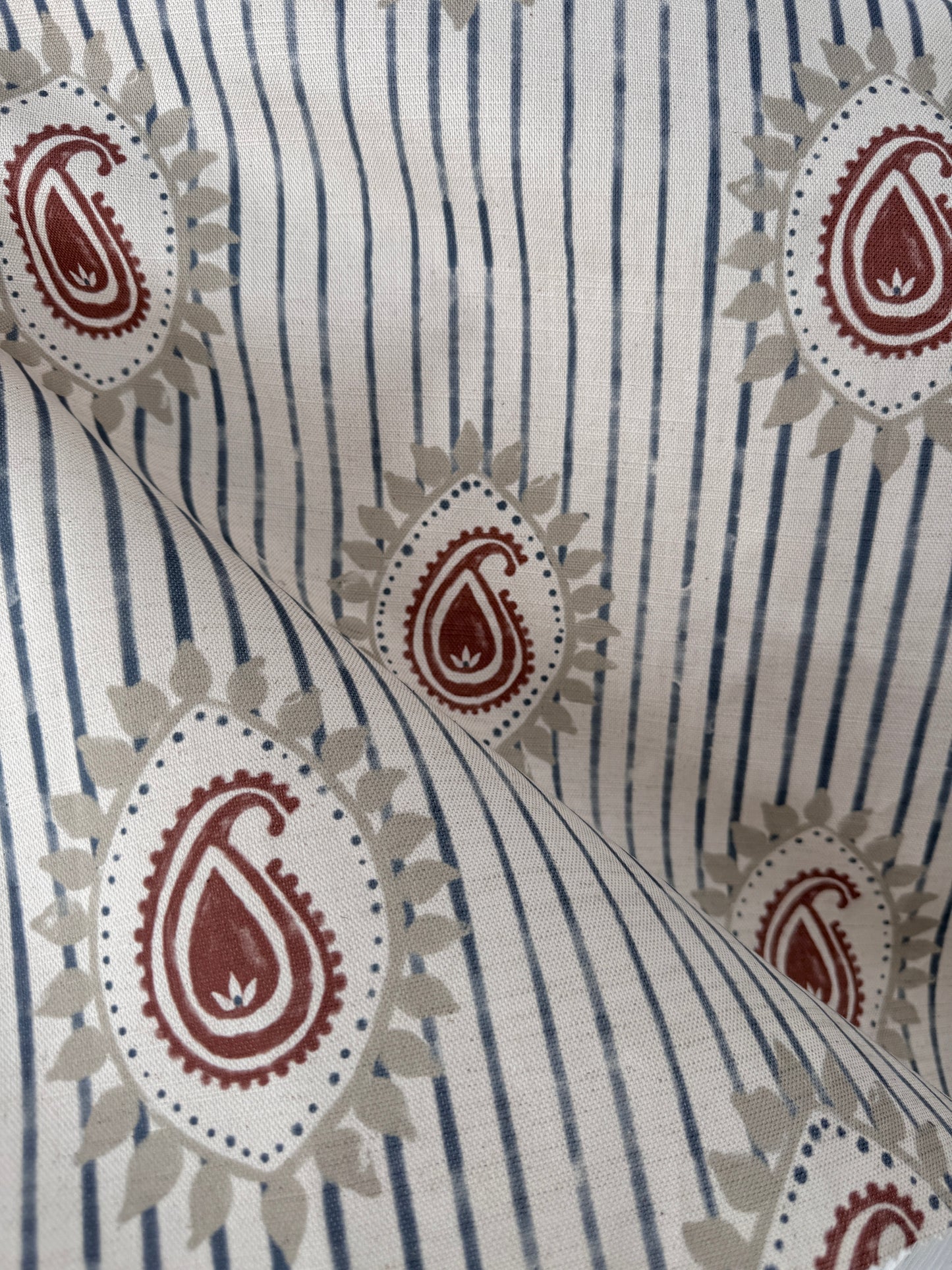 Field flower Paisley linen cotton union fabric in Blue and Terracotta