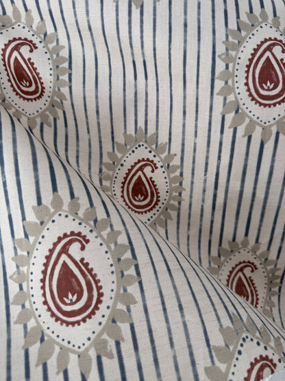 Field flower Paisley linen cotton union fabric in Blue and Terracotta