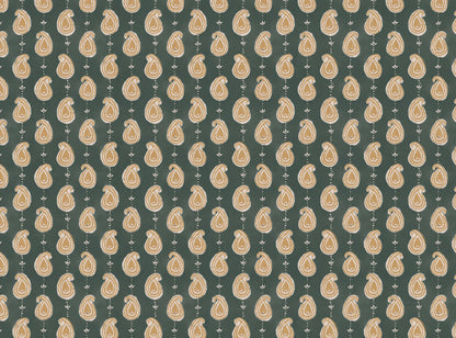 Paisley linen cotton union fabric in Sea Green and Yellow