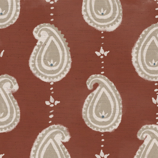 Paisley linen cotton union fabric in Terracotta