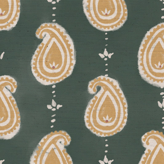 Paisley linen cotton union fabric in Sea Green and Yellow