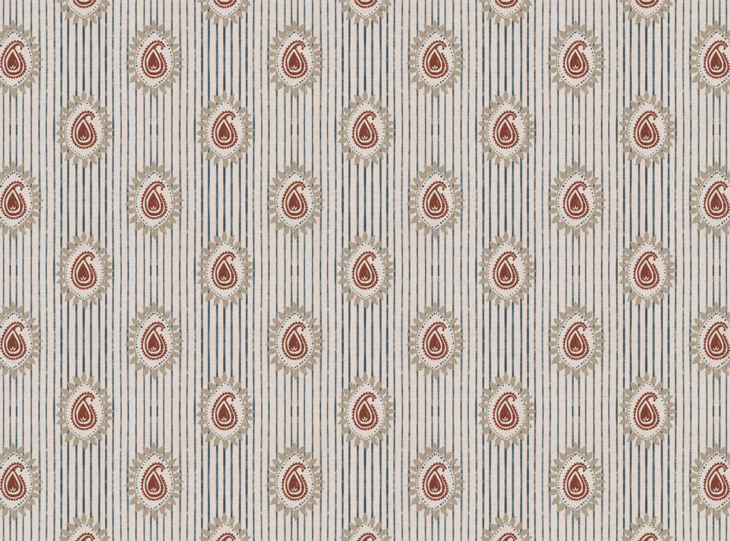 Field flower Paisley linen cotton union fabric in Blue and Terracotta