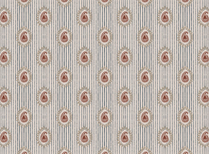 Field flower Paisley linen cotton union fabric in Blue and Terracotta