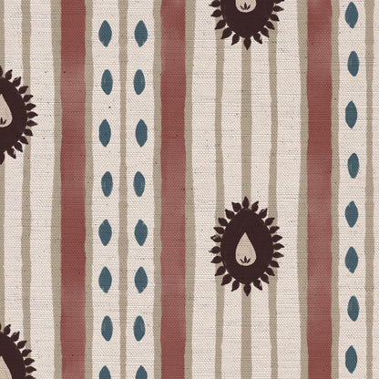 Field Flower Stripe linen cotton union fabric in Aubergine and Pink