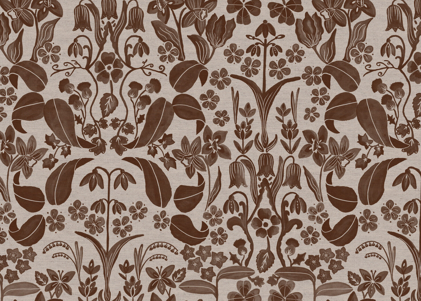 Glenwhisper Garden printed cotton, linen union fabric in Brown