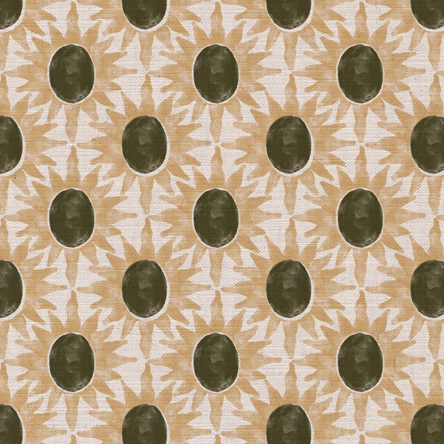 Little Sunburst cotton linen union fabric in olive green and yellow