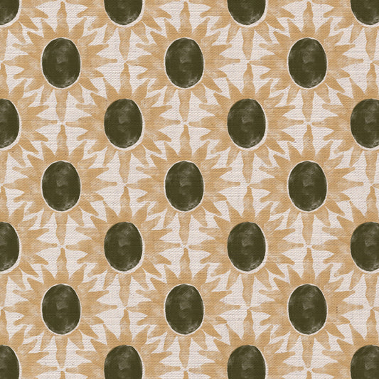 Little Sunburst cotton linen union fabric in olive green and yellow