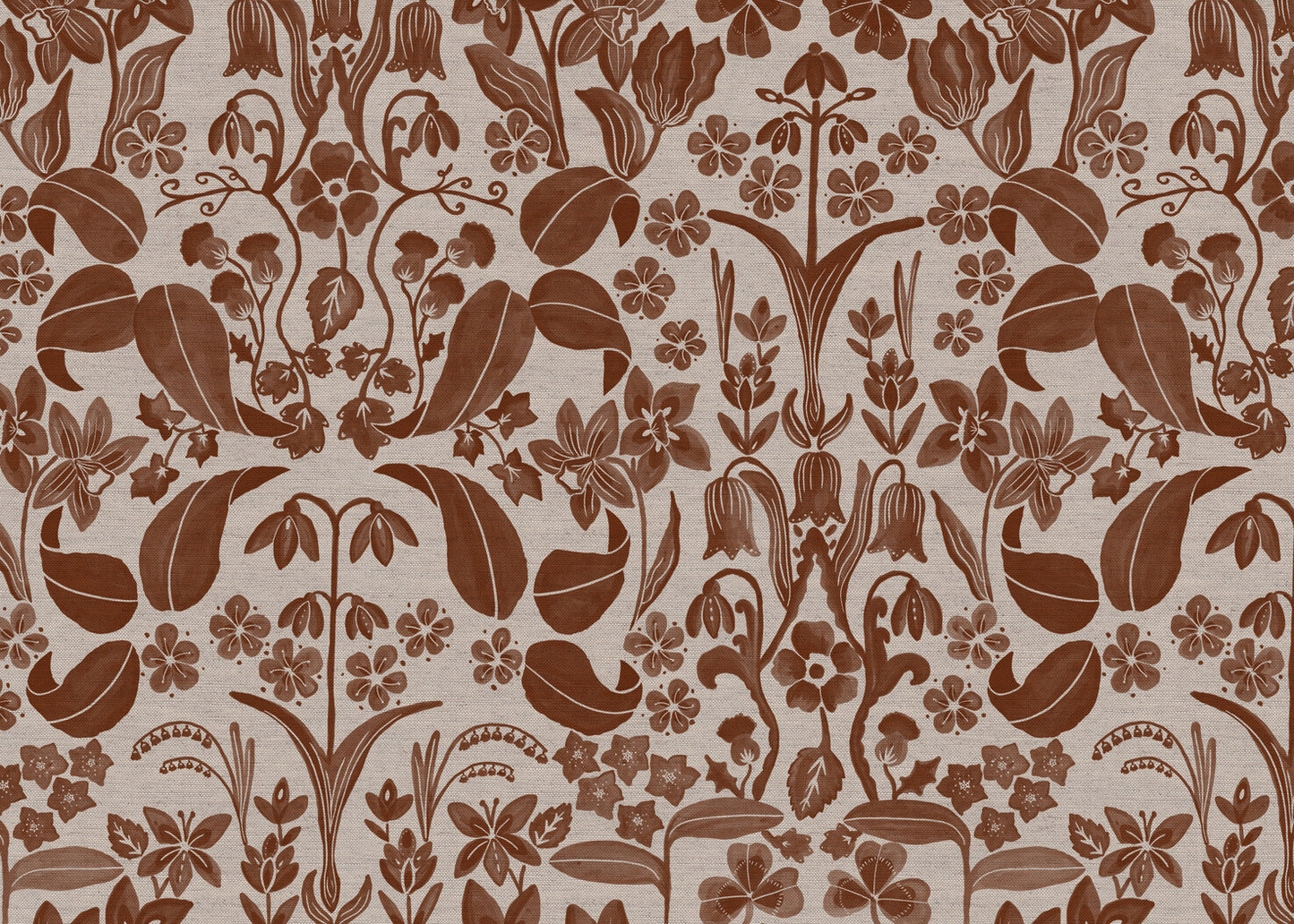Glenwhisper Garden printed cotton, linen union fabric in Rust