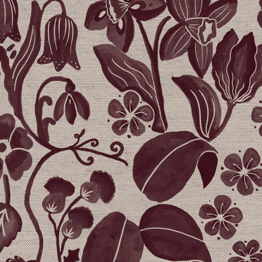 Glenwhisper Garden printed cotton, linen union fabric in Blackcurrant