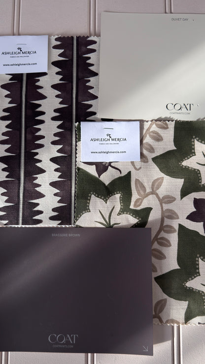 Leaf Trail printed cotton, linen union fabric in Olive and Aubergine