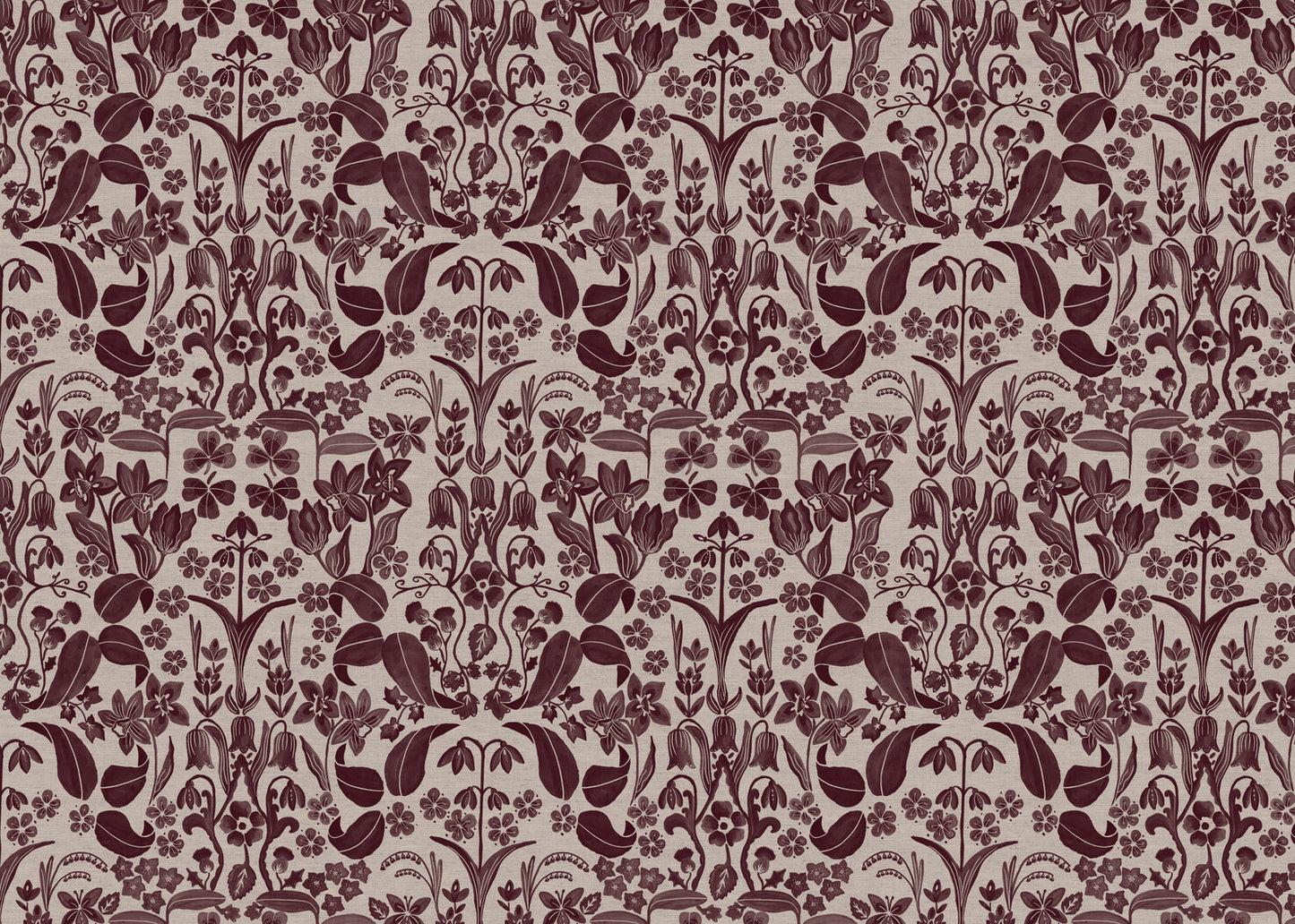 Glenwhisper Garden printed cotton, linen union fabric in Blackcurrant