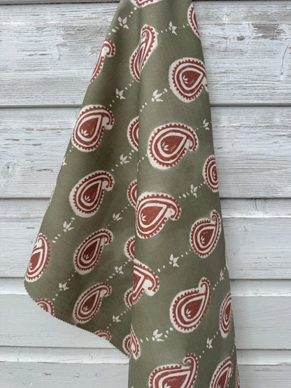 Paisley linen cotton union fabric in Green and Terracotta