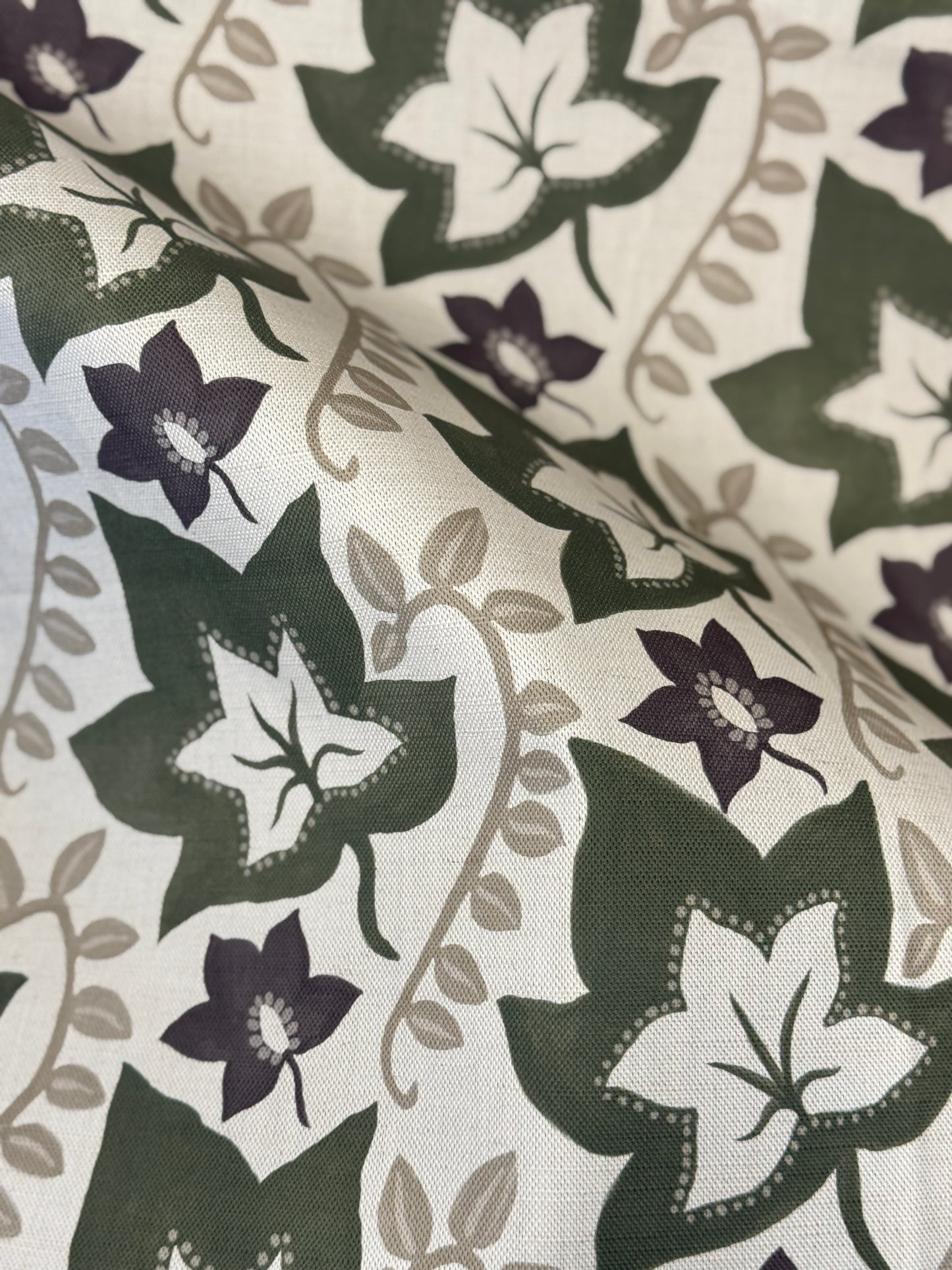 Leaf Trail printed cotton, linen union fabric in Olive and Aubergine