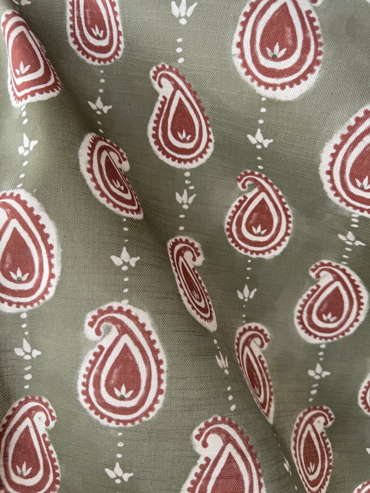 Paisley linen cotton union fabric in Green and Terracotta