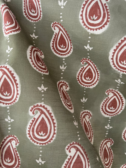 Paisley linen cotton union fabric in Green and Terracotta