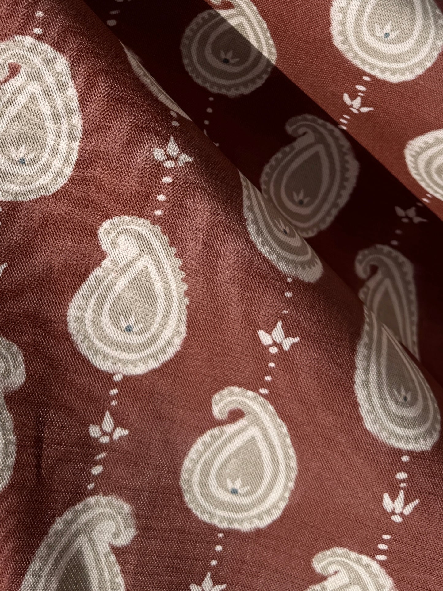 Paisley linen cotton union fabric in Terracotta