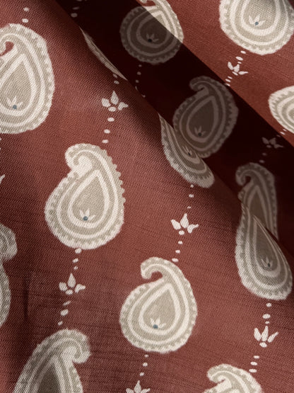 Paisley linen cotton union fabric in Terracotta