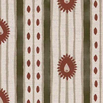 Field Flower Stripe linen cotton union fabric in Green and Terracotta