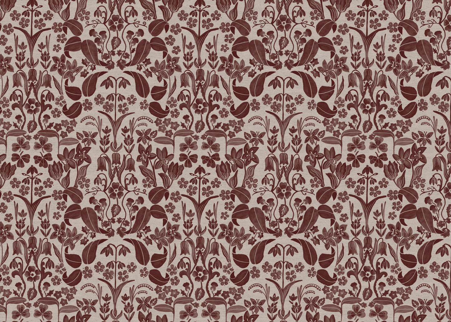 Glenwhisper Garden printed cotton, linen union fabric in Raspberry