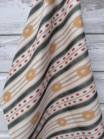 Field Flower Stripe linen cotton union fabric in Sea Green and Yellow