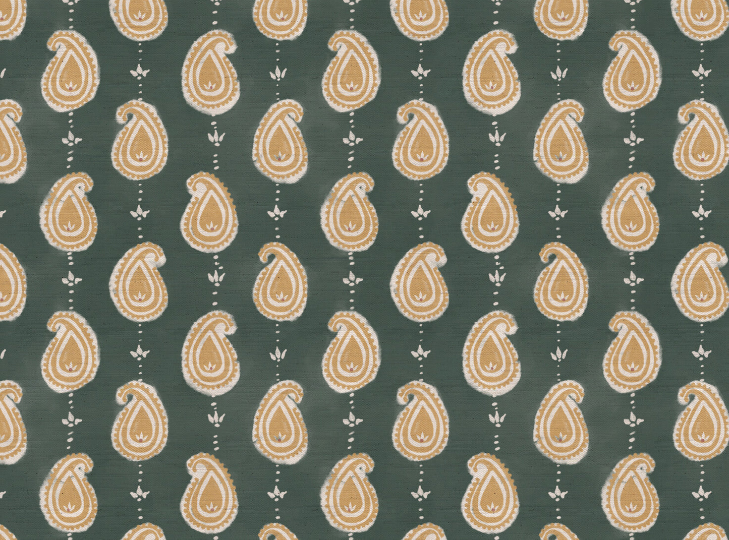 Paisley linen cotton union fabric in Sea Green and Yellow