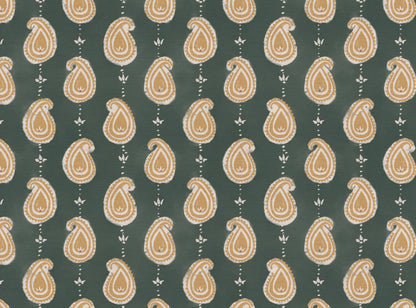 Paisley linen cotton union fabric in Sea Green and Yellow