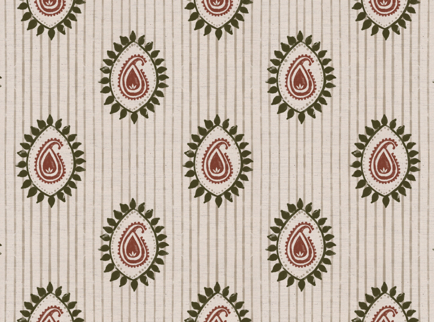 Field flower Paisley linen cotton union fabric in Green and Terracotta