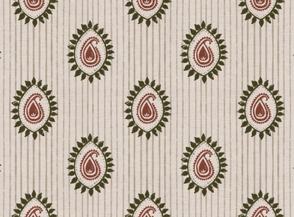 Field flower Paisley linen cotton union fabric in Green and Terracotta