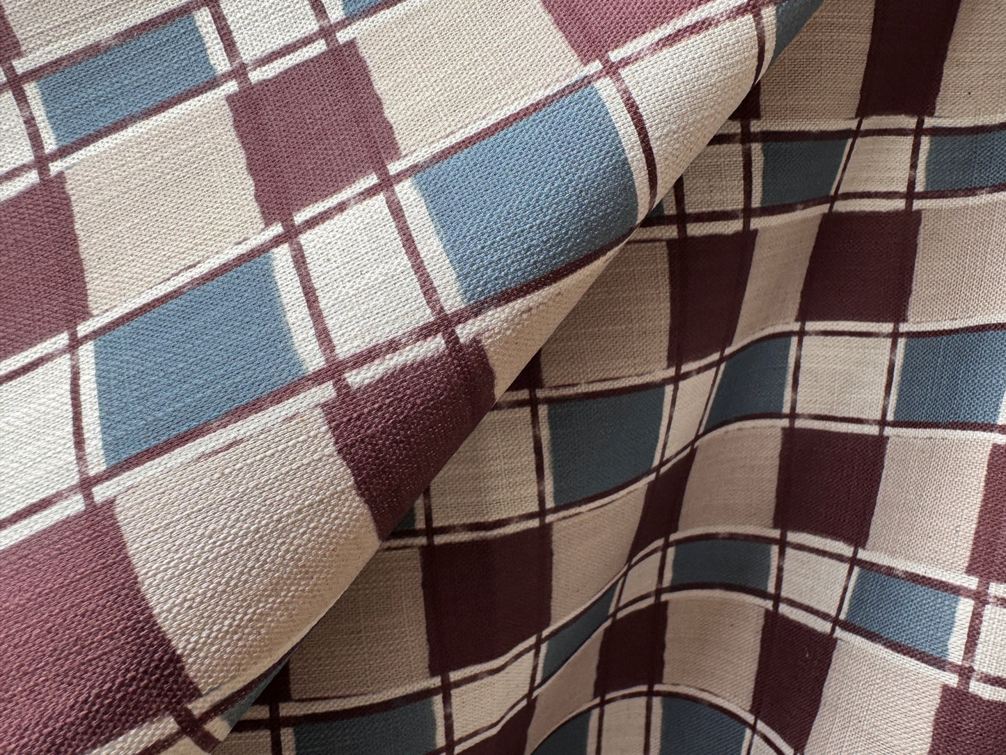 Artistic Check Upholstery Fabric in burgundy and blue