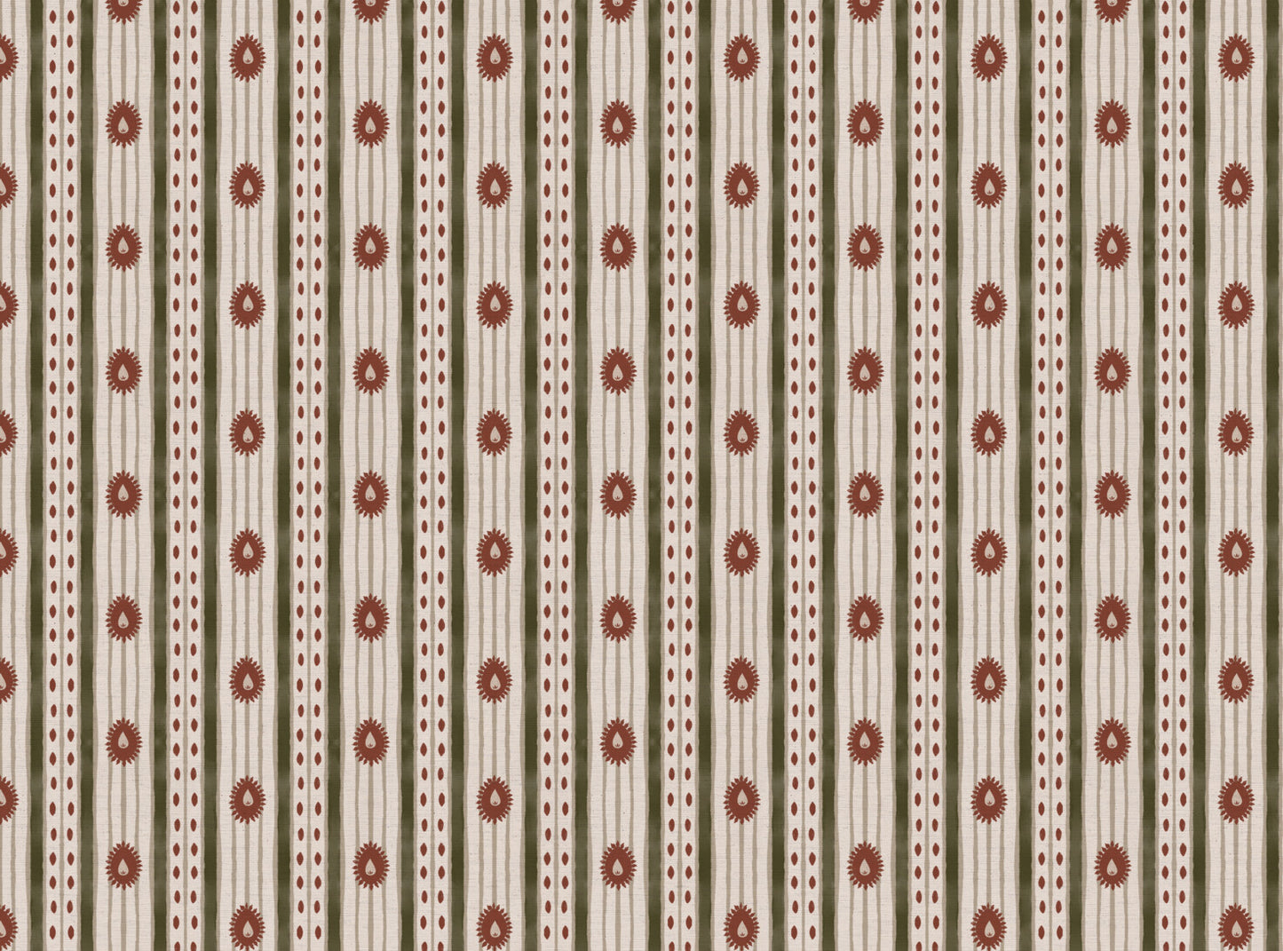 Field Flower Stripe linen cotton union fabric in Green and Terracotta