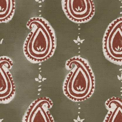 Paisley linen cotton union fabric in Green and Terracotta
