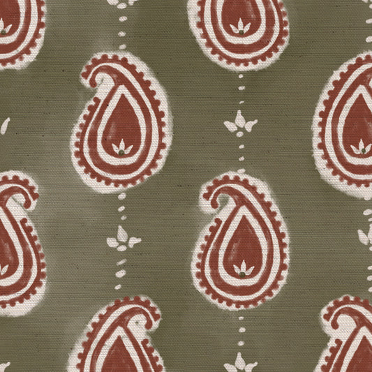 Paisley linen cotton union fabric in Green and Terracotta