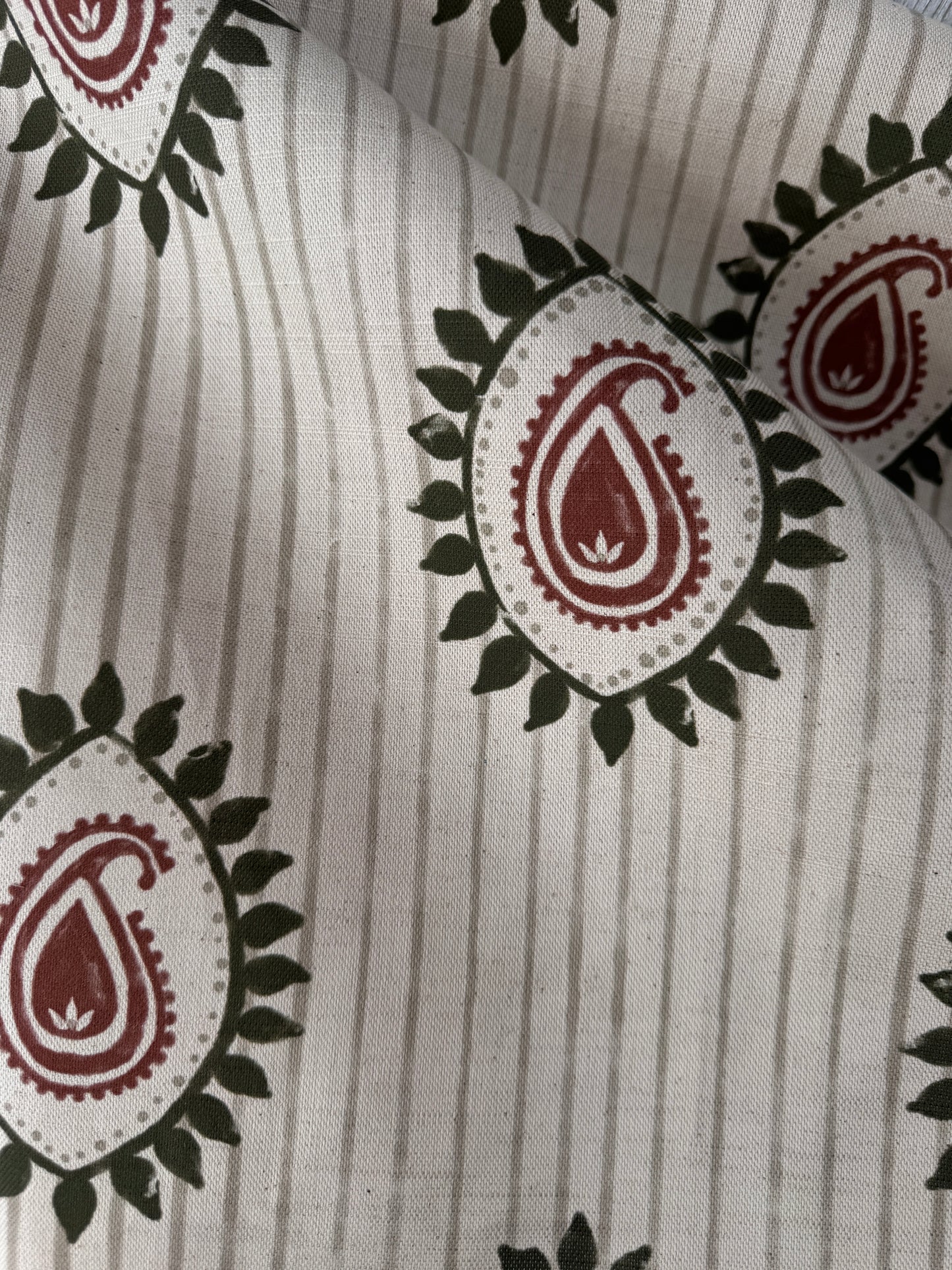 Field flower Paisley linen cotton union fabric in Green and Terracotta