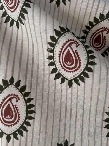 Field flower Paisley linen cotton union fabric in Green and Terracotta