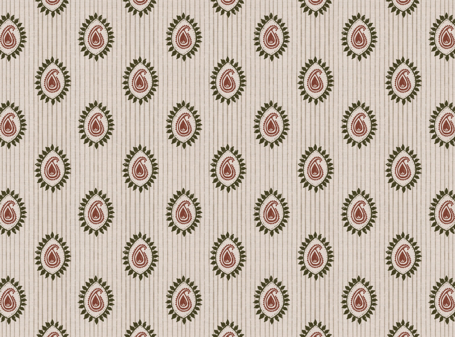 Field flower Paisley linen cotton union fabric in Green and Terracotta