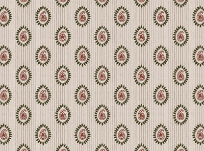 Field flower Paisley linen cotton union fabric in Green and Terracotta